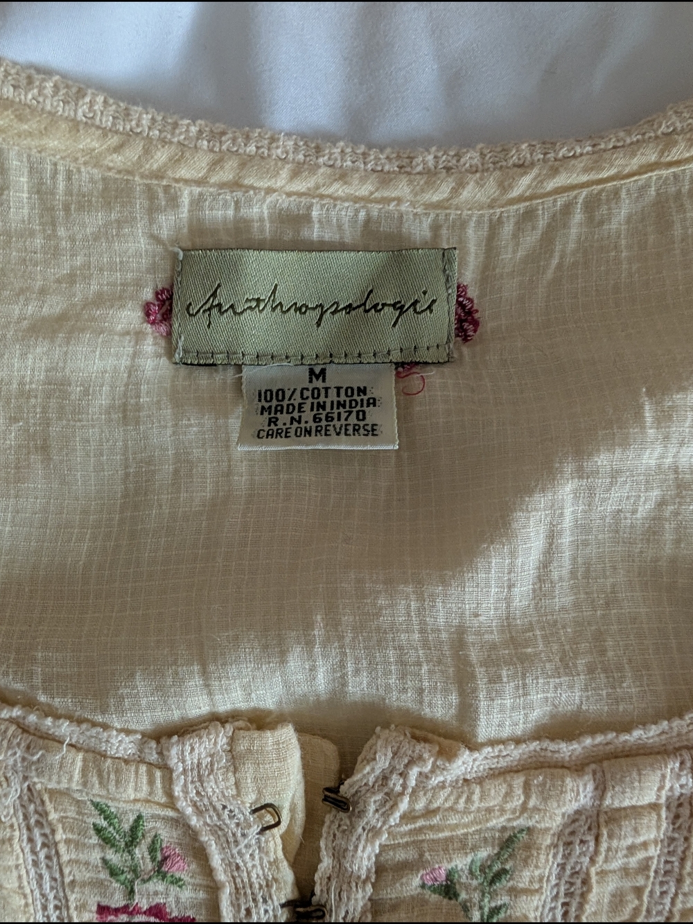 Anthropologie Cream Embroidered Cotton Peasant Top with Pink & Green Detail - Picture 4 of 6